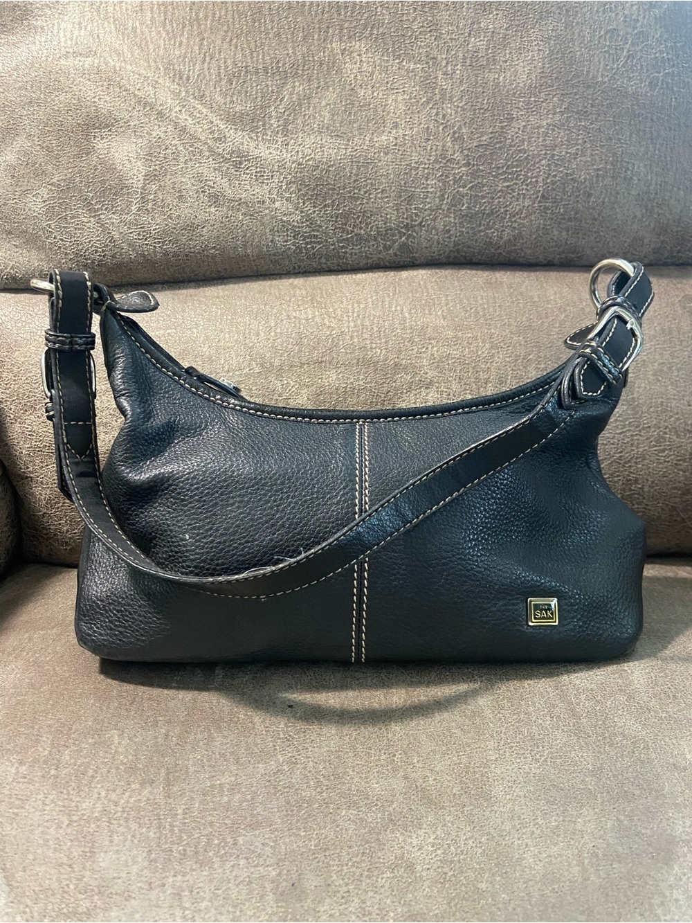The Sak Black Pebbled Leather Shoulder Bag with Contrast Stitching Small